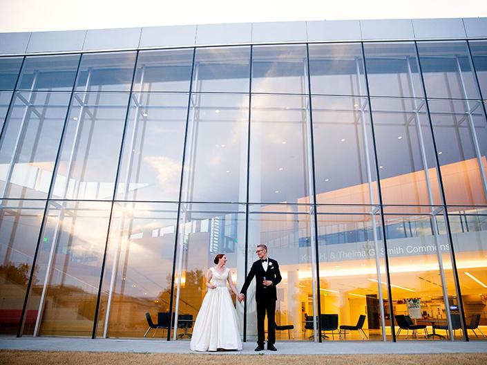 Bride and Groom outside of Building
