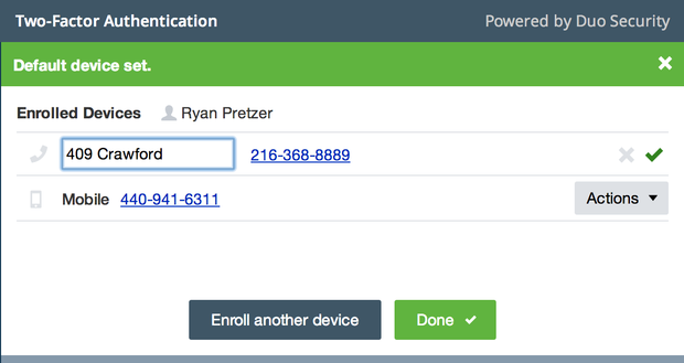 Green banner indicates action completed and saved (e.g., device rename, default device set)
