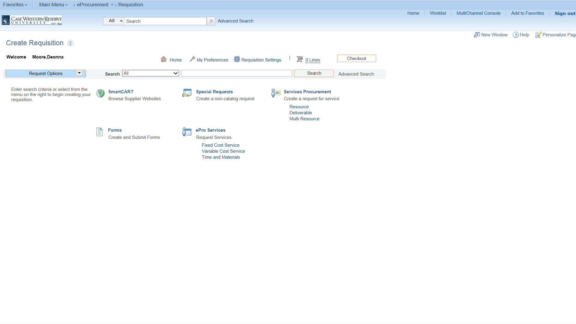 Peoplesoft Financials screen shot of Create Requisitions form