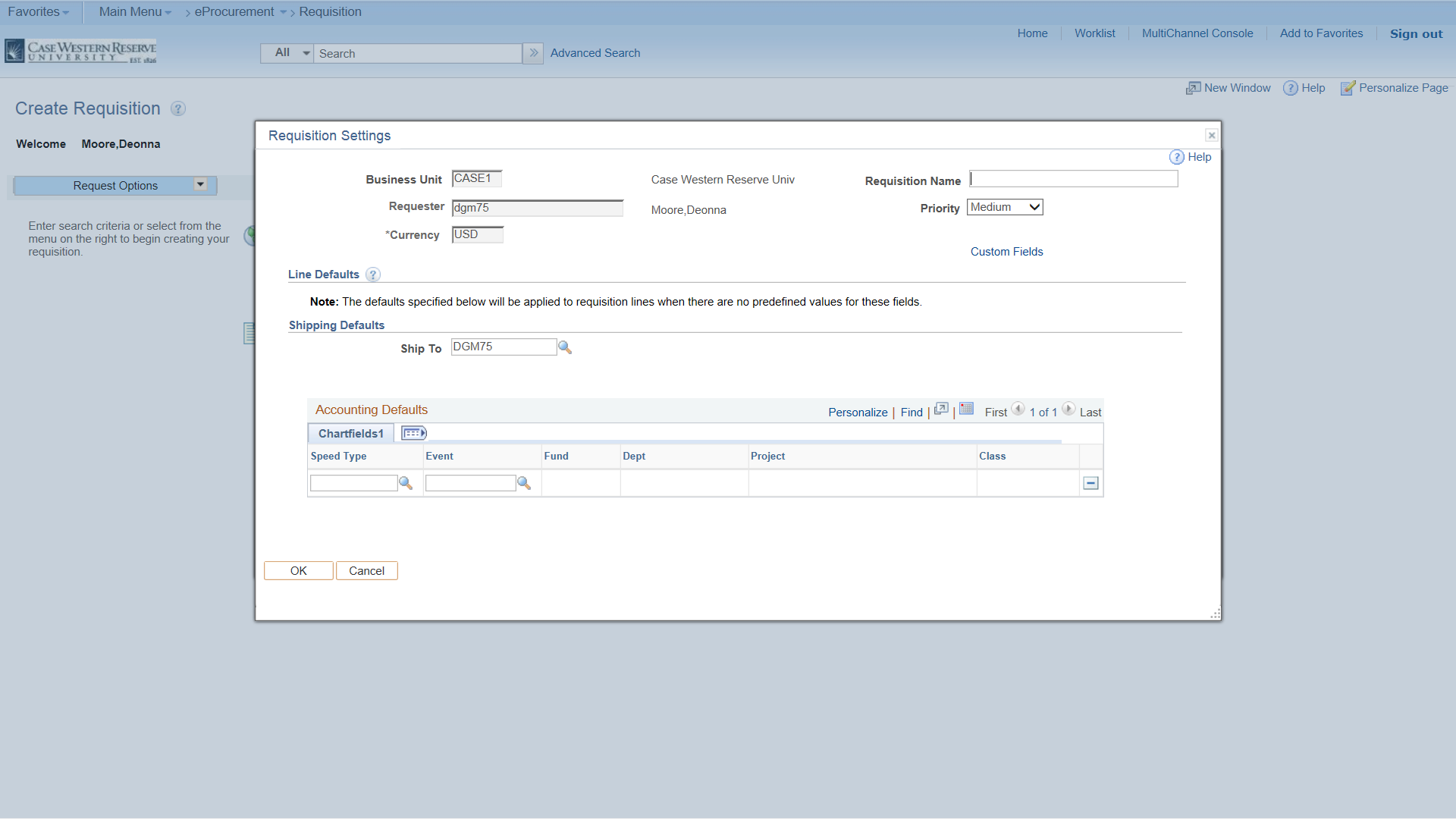 PeopleSoft Financials screen shot of Requisitions Settings form populated with sample data