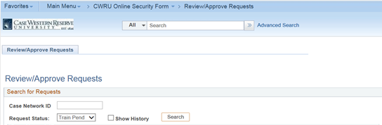 Screen shot of PeopleSoft Financials Review/Approve Requests page showing the form to Search for Requests.