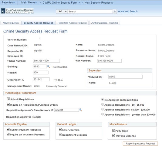 Screen shot of PeopleSoft Financials Online Security Access Request Form with the Security Access Request tab highlighted. The text fields are filled in with sample data.