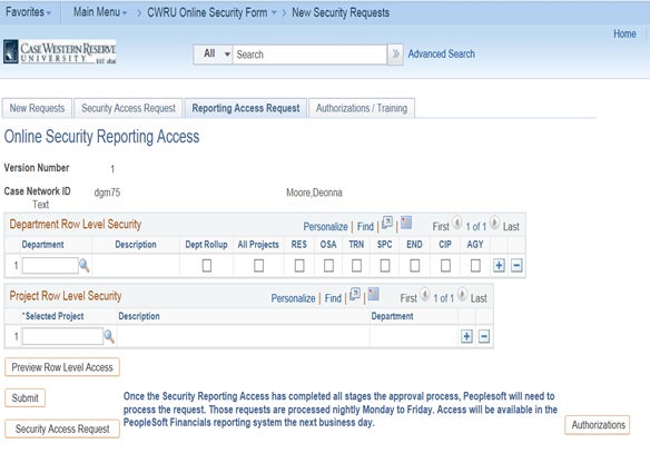 Screen shot of PeopleSoft Financials New Security Requests area showing the Online Security Reporting Access page with the Reporting Access Request tab highlighted
