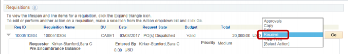 PeopleSoft Financials screen shot displaying a sample requisition information. On the right side is a drop down box with 5 options. The middle one, Received, is highlighted.