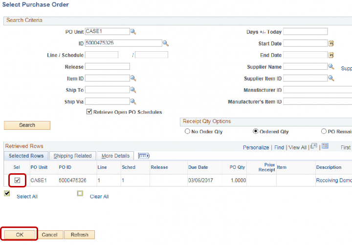 PeopleSoft Financials screen shot displaying Search Criteria form with sample data in a search area. The sample data's requisition information is shown below in a section titled Retrieved Rows. The SEL check box is checked and highlighted. The OK button below this information is also highlighted.