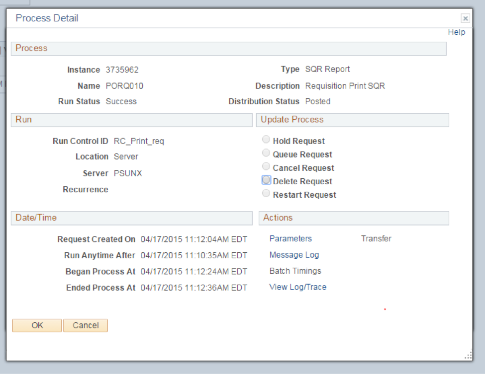 PeopleSoft Financials screen shot of Process Detail information for the sample requisition. From this point you can see the details of that process as well as update it.