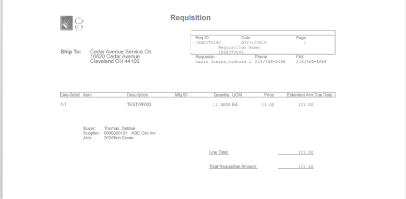 PeopleSoft Financials screen shot of a requisition ready for printing