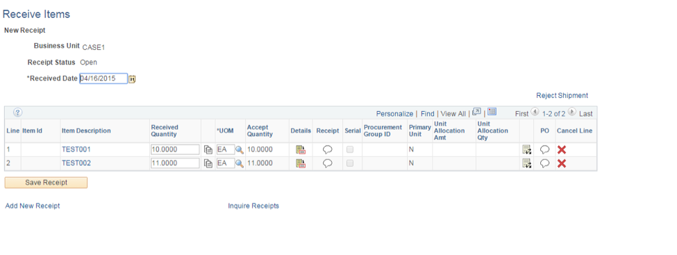 PeopleSoft Financials screen shot showing showing Received Items form. A user can update information such as the quantity received.