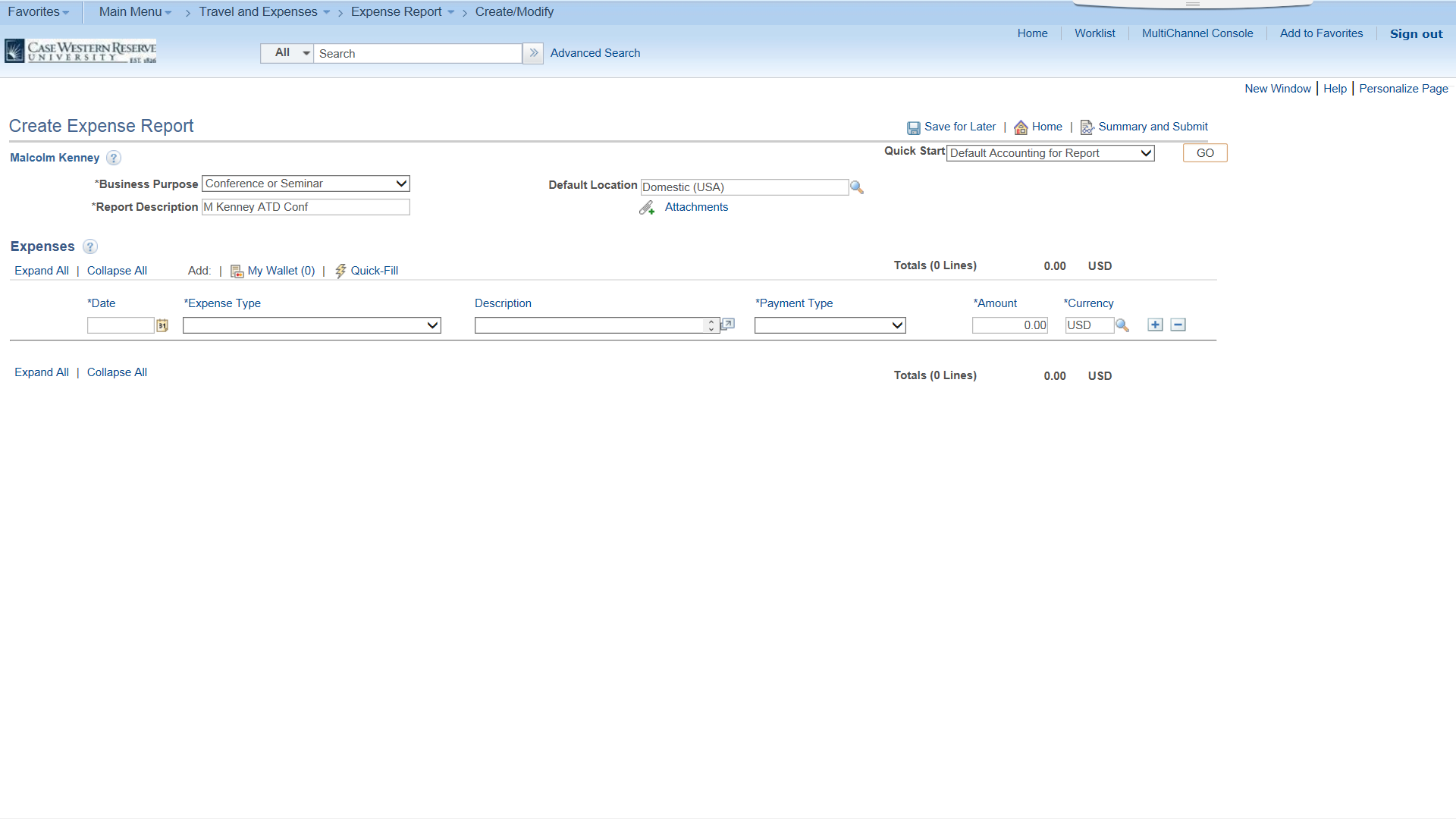 PeopleSoft Financials screen shot displaying Create Expense Report form