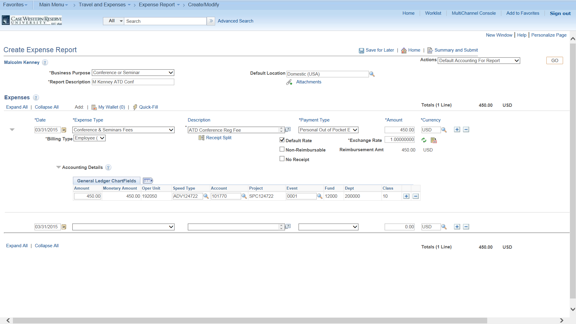 PeopleSoft Financials screen shot displaying account defaults form