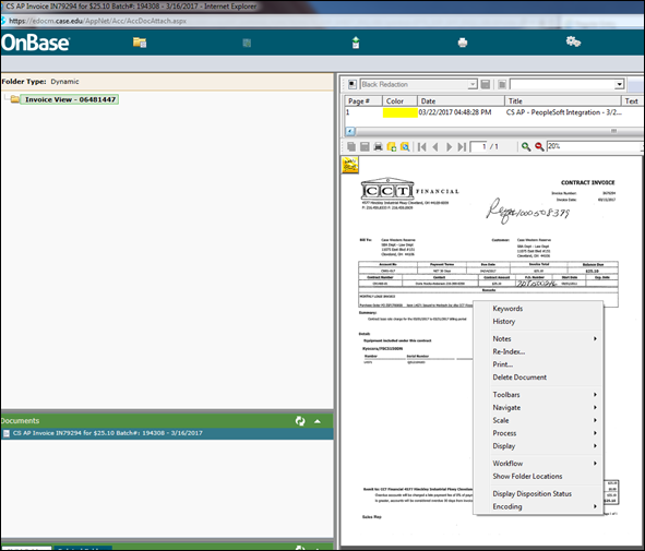 Screenshot of OnBase Print Preview of the selected invoice