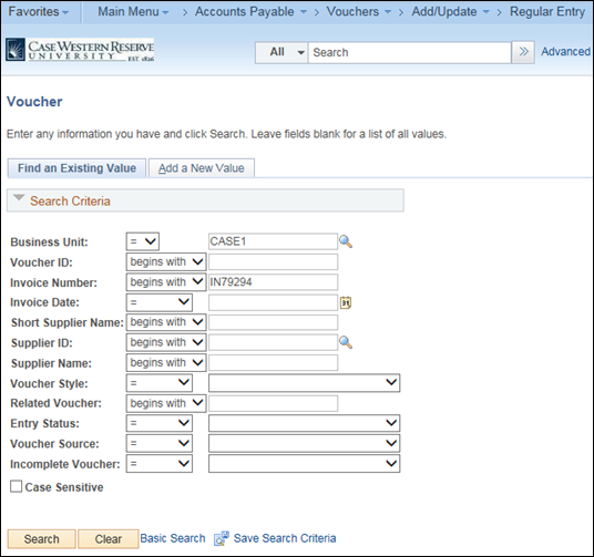 Screenshot of the Vouchers-Add/Update-Regular Entry screen including the fields "Business Unit", "Voucher ID", "Invoice ID", "Invoice Number", "Invoice Date", "Short Supplier Name", "Supplier ID", "Supplier Name", "Voucher Style", "Related Voucher", "Entry Status", "Voucher Source" and "Incomplete Voucher"