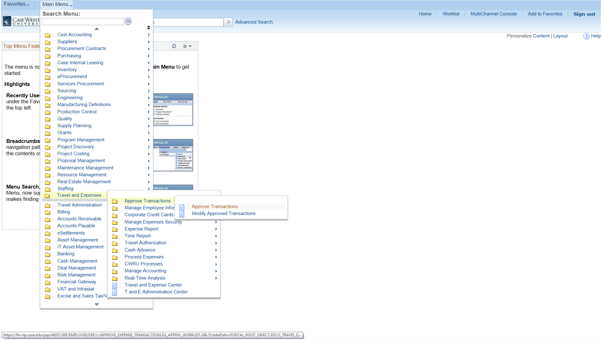 Screenshot of the main menu screen of case.edu/fin with "Travel and Expenses" selected from the main search dropdown and "Approve Transactions" selected from the options in the secondary and tertiary flyouts of that dropdown