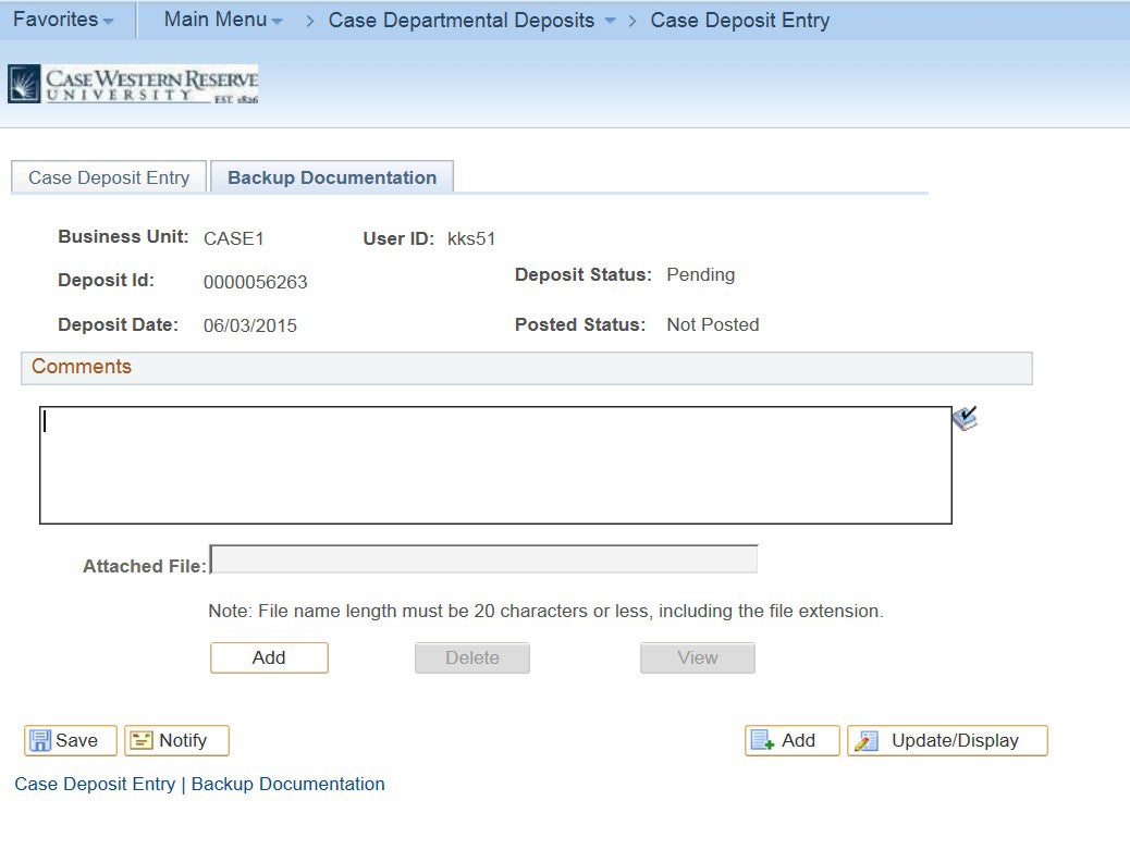 Screenshot of the Deposit Entry Screen with the "Business Unit", "Deposit ID", "Deposit Date", "User ID", "Deposit Status", "Posted Status" all filled in wit a visible Comments section and a place to add attached files