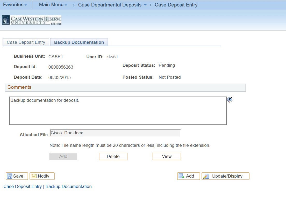 Screenshot of the Deposit Entry Screen with the "Business Unit", "Deposit ID", "Deposit Date", "User ID", "Deposit Status", "Posted Status" all filled in with "Backup documentation for deposit" in the visible Comments section and a Cisco doc in the add attached files area