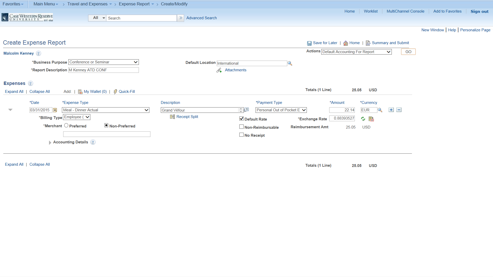 Screenshot of "Create Expense Report" screen with default location set to "international", currency set to "EUR" and Business Purpose, Report Description, "Date" and "Expense Type" fields all filled out with the approriate information