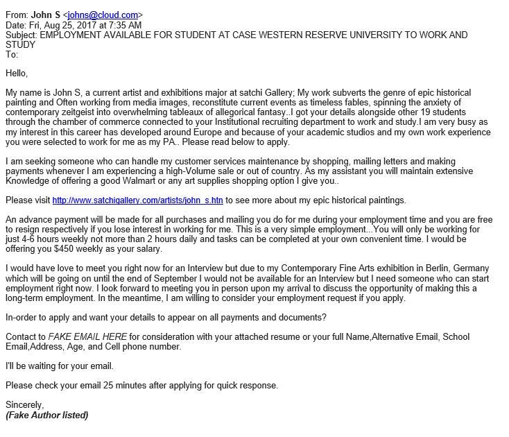 example of a bogus student job offer with bad grammar, random upper case letter and illegitimate "From" field titles