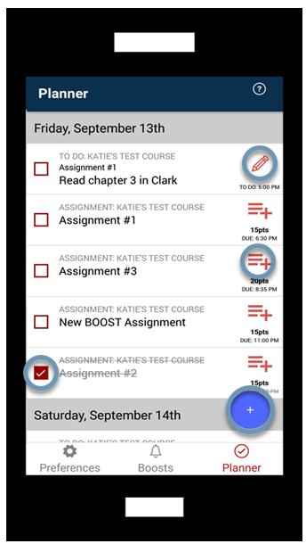 Screenshot of Boost app on the Planner page, with various checkboxes and buttons highlighted.