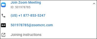 This is a Zoom meeting invitation. There is a link to the Zoom meeting, including the Meeting ID, the telephone number for uses who wish to dial in, the SIP information for those using SIP enabled devices and a link to view other information for joining.