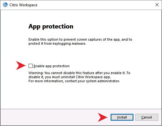 Citrix Workspace App protection dialogue box with checkbox not checked and install button highlighted