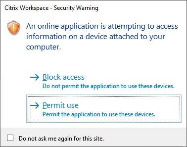 Citrix Workspace Security Warning dialogue box with Permit Use highlighted