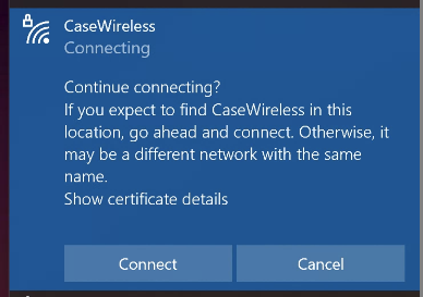 A warning message when connecting to CaseWireless on Windows. Click Connect to complete the connection.