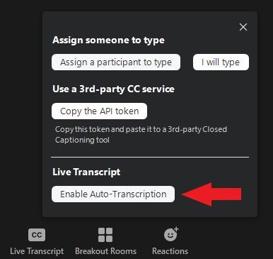 When clicking on "Live Transcript" button in control bar, a few options are shown. The "Enable Auto-transcription" button is highlighted.