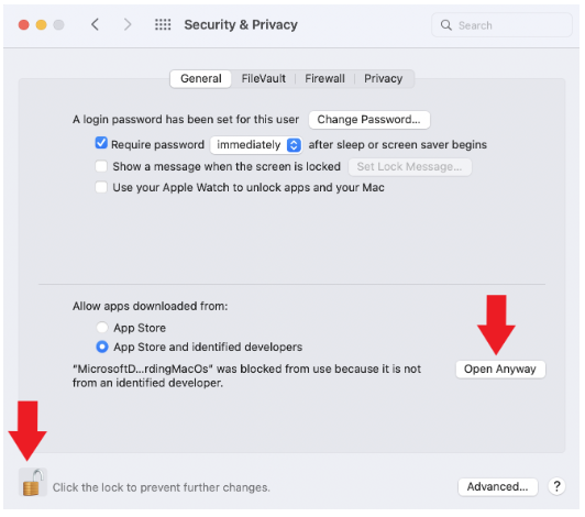 Mac OS Security and Privacy window to allow running MDE anyway