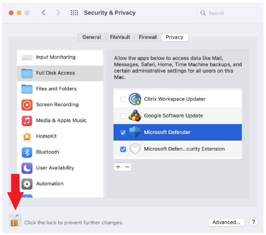 Mac OS Security and Privacy window
