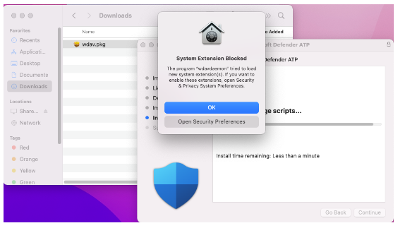 Mac OS message saying install of MDE is blocked