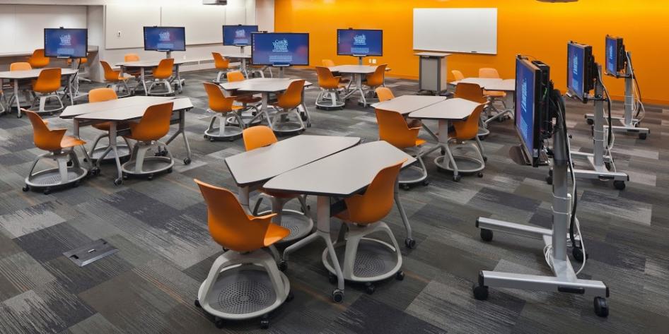 Empty Active Learning Classroom with three person collaboration stations