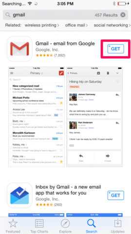 Gmail App Page with Get highlighted