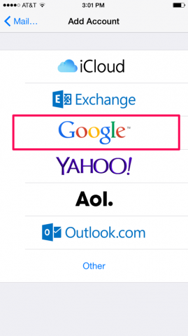 Account options screen with Google highlighted