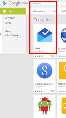 Google Play Store with Inbox app highlighted
