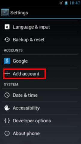 Settings screen with Add Account button highlighted