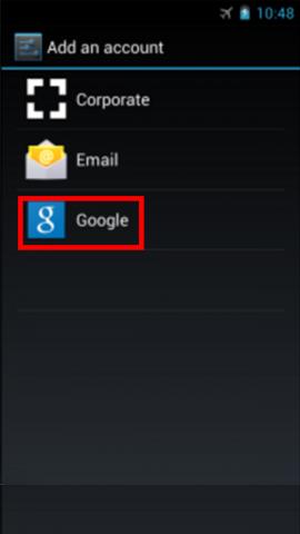 Add Account screen with Google button highlighted