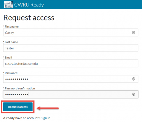 Screenshot of completed Request Access Screen with Request Acces button highlighted