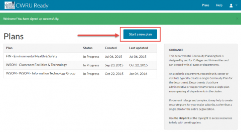 Screenshot of Cwru Ready Plans screen with Start a New Plan button highlighted