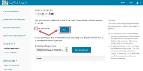 Screenshot of the Documenting Instruction Page with No Instruction and Save buttons highlighted