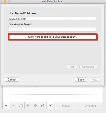 webdrive for mac screen with Log in to your Box account button highlighted