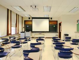 Bingham 304 Classroom, empty room for TEC display, alternate view