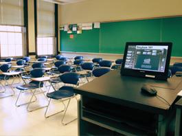 Bingham 305 Classroom, empty room for TEC display, alternate view