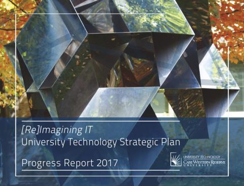 Metal Statue under a tree with the caption "[Re]Imagining IT, University Technology Strategic PLan Progress Report 2017