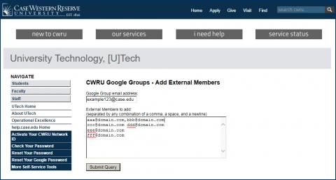 Screenshot of CWRU Google Groups add external members screen
