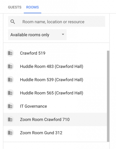 Screenshot of the list of available huddle rooms