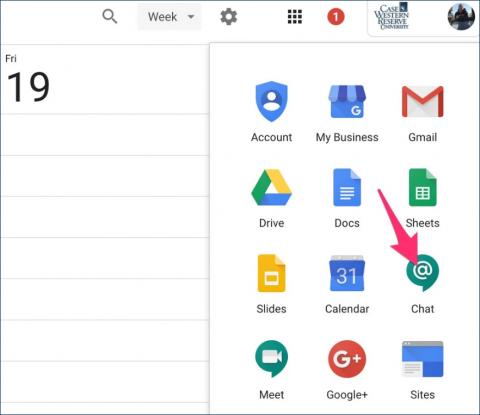 Arrow pointing to the Green Google Chat icon under the square grid icon when logged into Google Apps