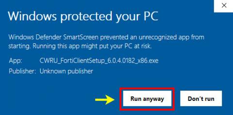 Warning box stating: Windows protected your PC. Windows Defender SmartScreen prevented an unrecognized app from starting. Running this app might put your PC at risk." It then lists the name of the app, FortiClient, followed by 2 boxes, the first is highlighted and labeled "Run anyway" and the second is labeled "Don't run".