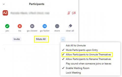 Zoom participant list menu items, highlighting muting