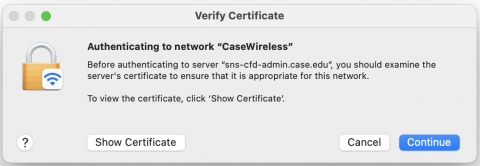 A warning message when connecting to CaseWireless on a Mac. Click Connect to continue the connection.