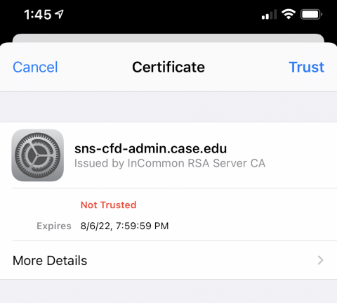 A verification message when connecting to CaseWireless from a device that runs iOS. Click Trust to continue connecting.